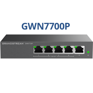 grandstream gwn7700p ethernet switch 5 ports gigabit ethernet 10/100/1000base t 2 layer supported 2 w power consumption 60 w poe budget twisted pair, optical fiber poe ports desktop, wall mountable